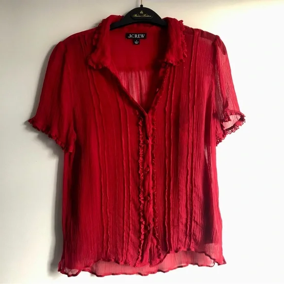 J.Crew Sheer lace-trim button-up Vibrant Red Cap Sleeves Blouse Women’s Size 6 - Picture 3 of 12